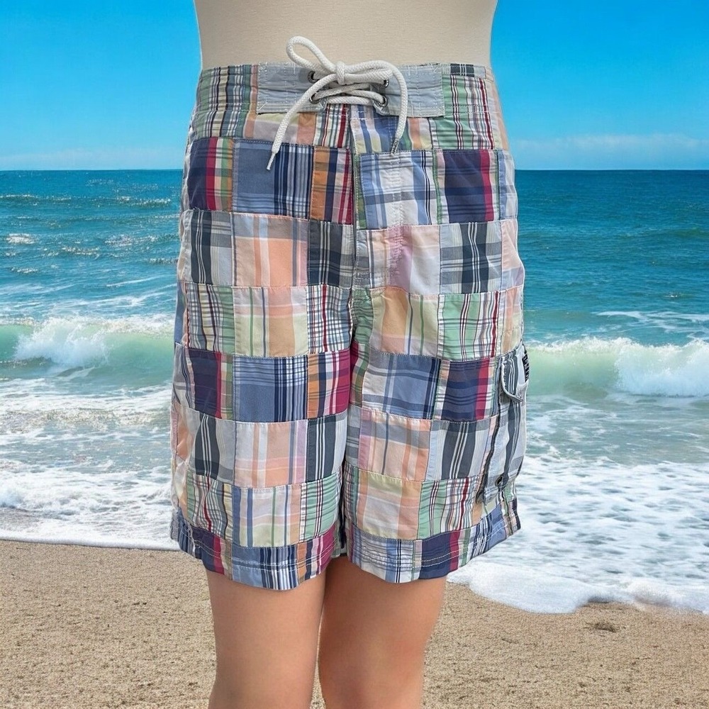 Tommy Hilfiger Patchwork Madras Swim Trunks Mens Medium Y2K Preppy Surf Beach
